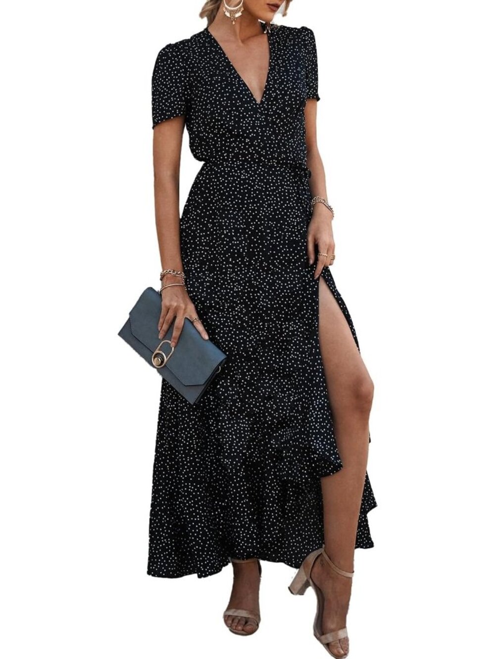 Women's Black White V Neck Casual Short Sleeve Outfits Pull On Zipper Maxi Dress